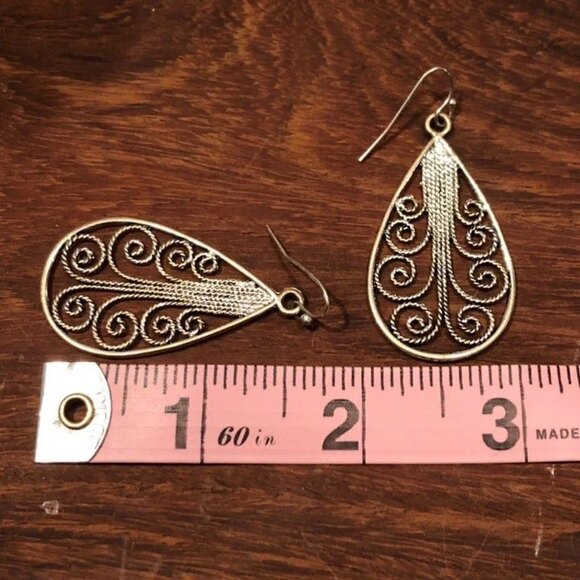 Filigree Teardrop Dangle Earrings Silver Tone - Picture 3 of 4